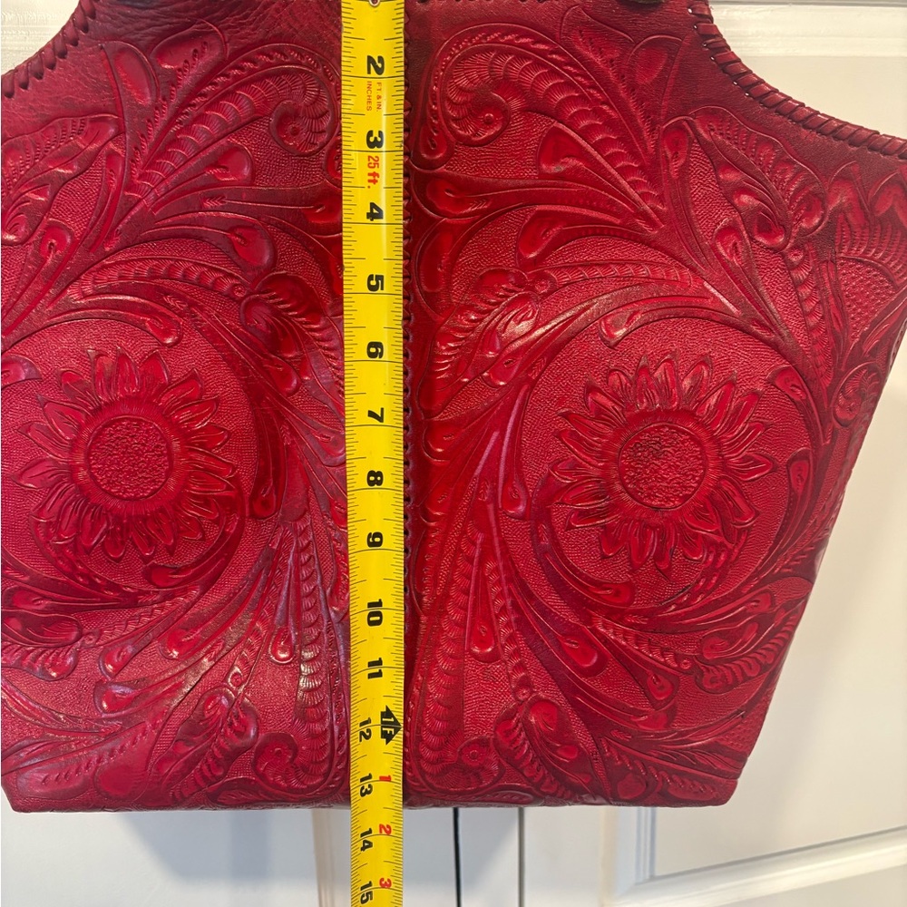 Alejandro Yeo Red Leather Hand Tooled Handbag Tote Like NEW - Picture 15 of 16